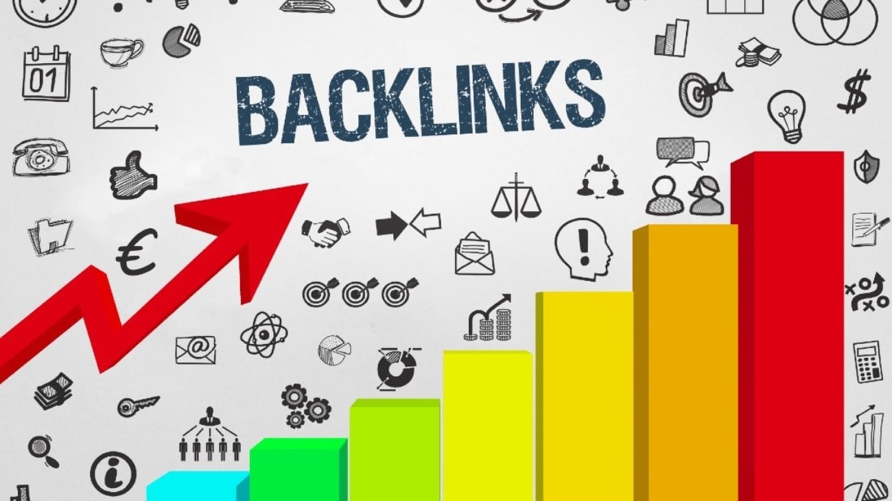 Illustration showing backlink strategy leading to website growth with upward arrows, graphs, and connected links.