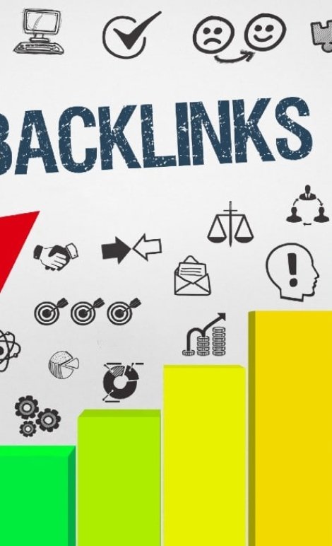 Illustration showing backlink strategy leading to website growth with upward arrows, graphs, and connected links.